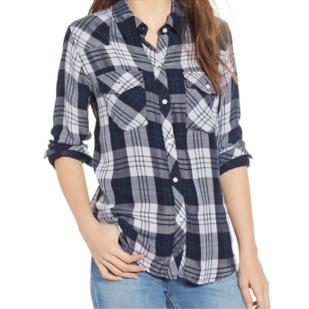 NWT Rails Kendra White Navy Forest Flannel Top | XS